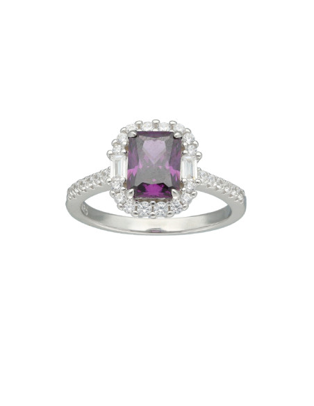ANILLO EN PLATA FORMA CUADRADA CON PIEDRA MALVA Y CIRCONITAS