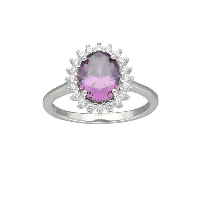ANILLO EN PLATA FORMA OVAL CON PIEDRA MALVA Y CIRCONITAS