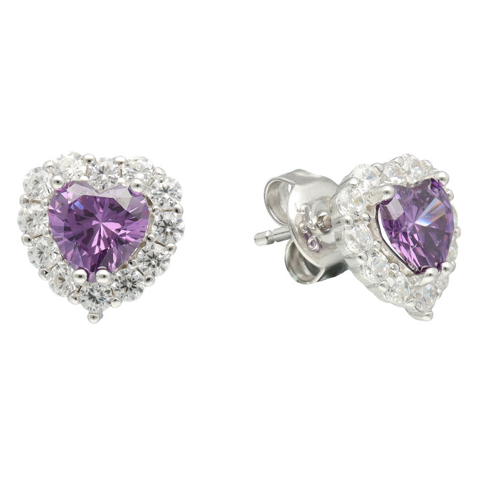 PENDIENTES EN PLATA CON PIEDRA MALVA FORMA CORAZON CON CIRCONITAS