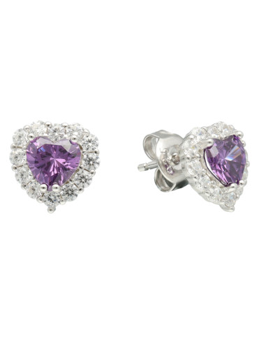 PENDIENTES EN PLATA CON PIEDRA MALVA FORMA CORAZON CON CIRCONITAS
