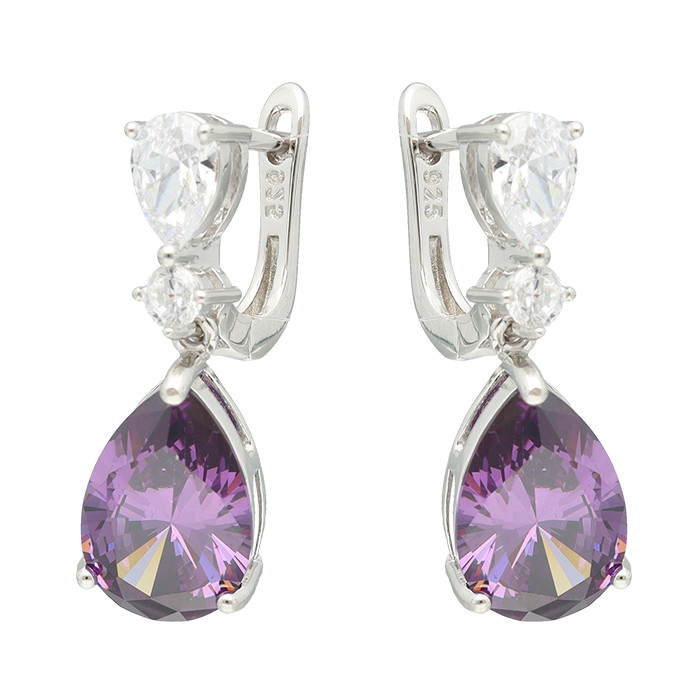PENDIENTES LARGOS EN PLATA CON PIEDRA MALVA FORMA LAGRIMA CON CIRCONITAS