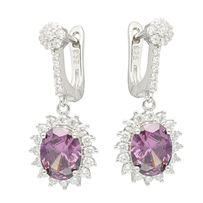 PENDIENTES LARGOS EN PLATA CON PIEDRA MALVA FORMA LAGRIMA CON CIRCONITAS