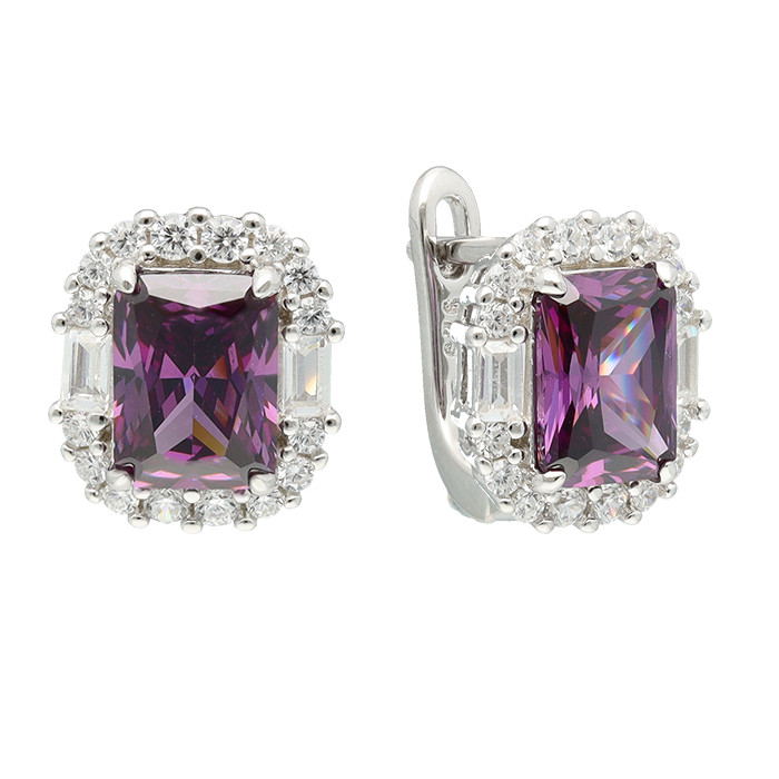 PENDIENTES LARGOS EN PLATA CON PIEDRA MALVA CUADRADA CON CIRCONITAS EN BORDE