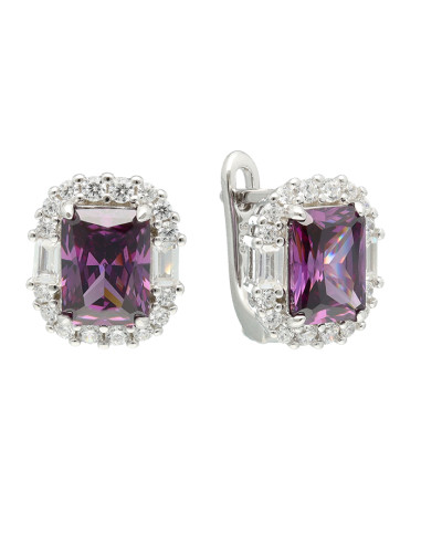PENDIENTES LARGOS EN PLATA CON PIEDRA MALVA CUADRADA CON CIRCONITAS EN BORDE