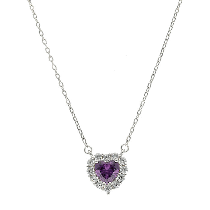 GARGANTILLA EN PLATA CON PIEDRA MALVA FORMA CORAZÓN Y CIRCONITAS