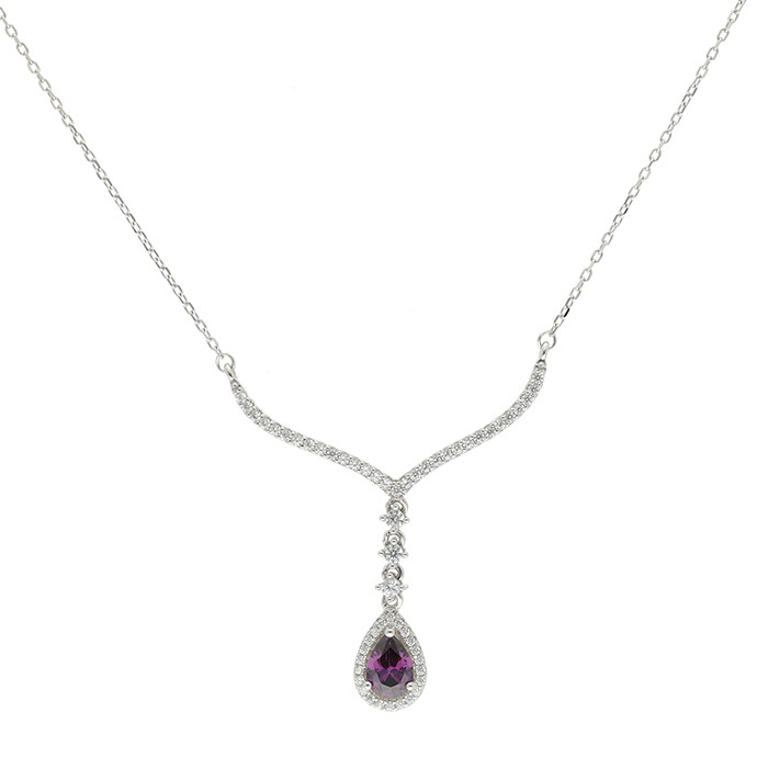 GARGANTILLA EN PLATA CON PIEDRA MALVA FORMA LAGRIMA Y CIRCONITAS
