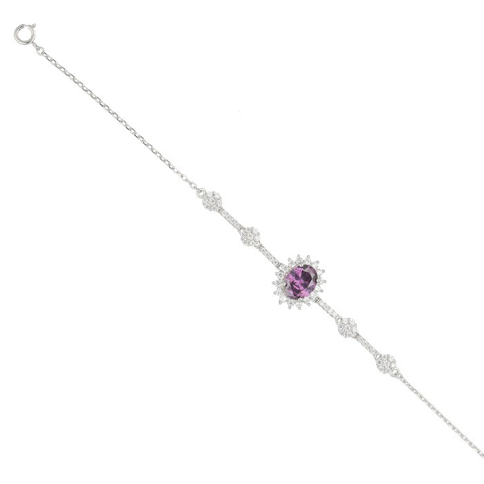PULSERA EN PLATA CON PIEDRA EN MALVA CON FORMA DE OVALO Y CIRCONITAS