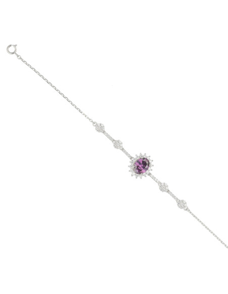 PULSERA EN PLATA CON PIEDRA EN MALVA CON FORMA DE OVALO Y CIRCONITAS