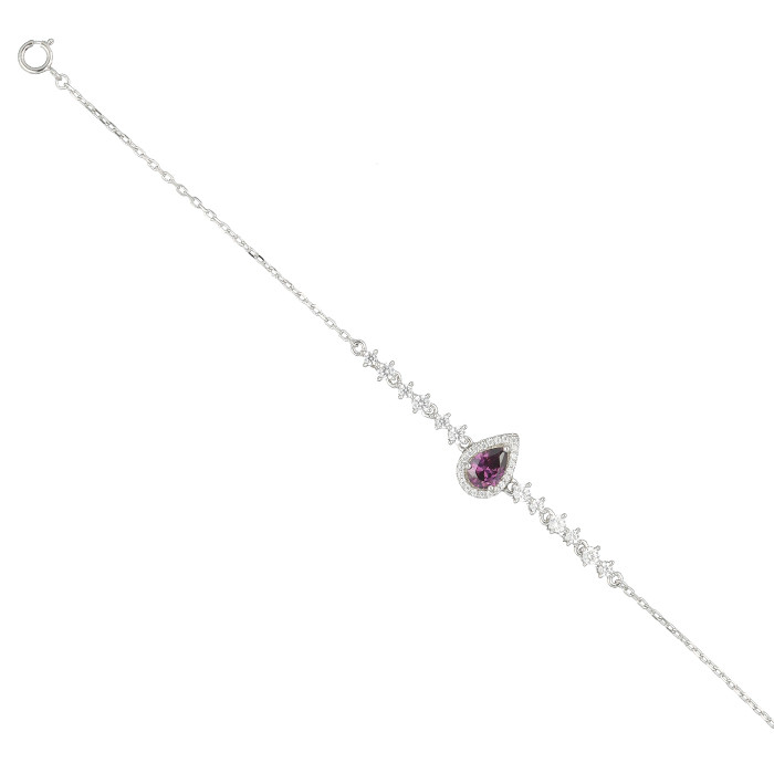 PULSERA EN PLATA CON PIEDRA EN MALVA CON FORMA DE LAGRIMA Y CIRCONITAS