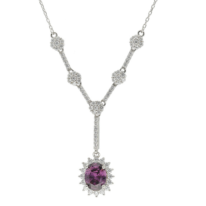 GARGANTILLA EN PLATA CON PIEDRA MALVA FORMA OVALADA Y CIRCONITAS