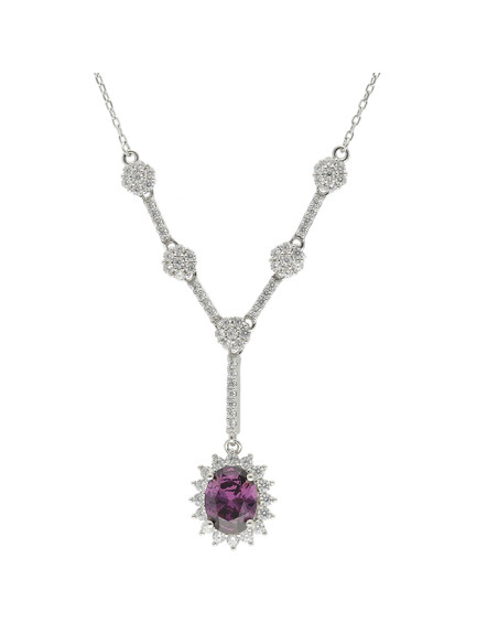 GARGANTILLA EN PLATA CON PIEDRA MALVA FORMA OVALADA Y CIRCONITAS