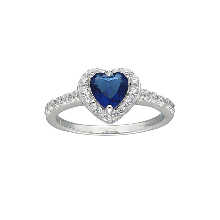 ANILLO EN PLATA CON CIRCONITAS Y CENTRO AZUL FORMA CORAZÓN 2