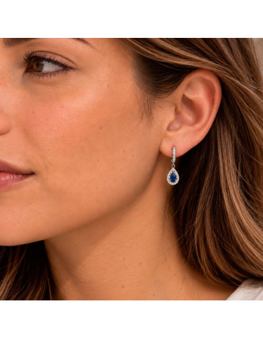 PENDIENTES LARGOS EN PLATA CON CIRCONITAS BLANCAS CENTRO AZUL GOTA