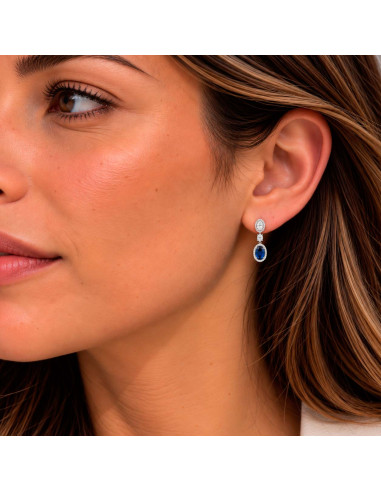 PENDIENTES LARGOS EN PLATA CON CIRCONITAS BLANCAS CENTRO AZUL OVAL