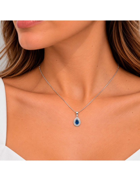 GARGANTILLA EN PLATA CON COLGANTE  FORMA DE GOTA Y CIRCONITA AZUL
