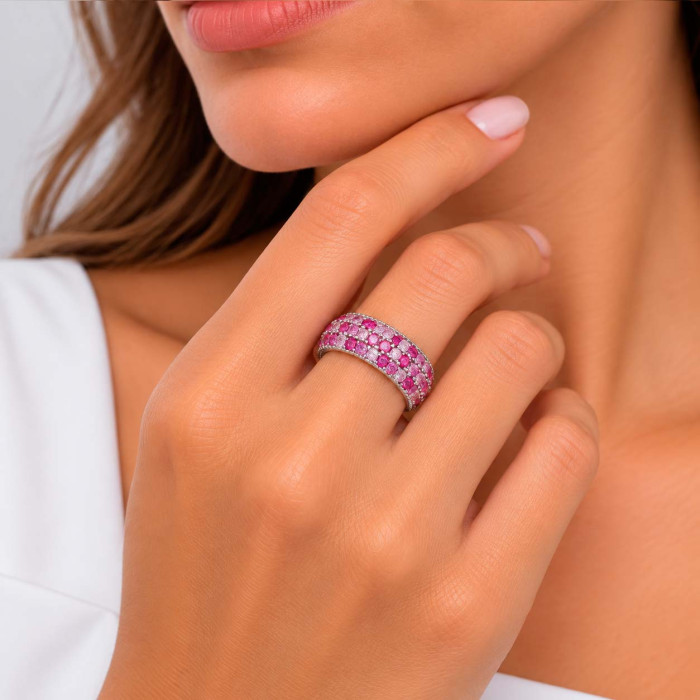 ANILLO EN PLATA CON CIRCONITAS ROSAS Y BLANCAS ANCHO 2