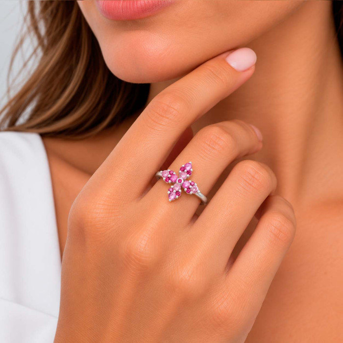 ANILLO EN PLATA CON CIRCONITAS ROSAS Y BLANCAS FORMA CRUZ 2