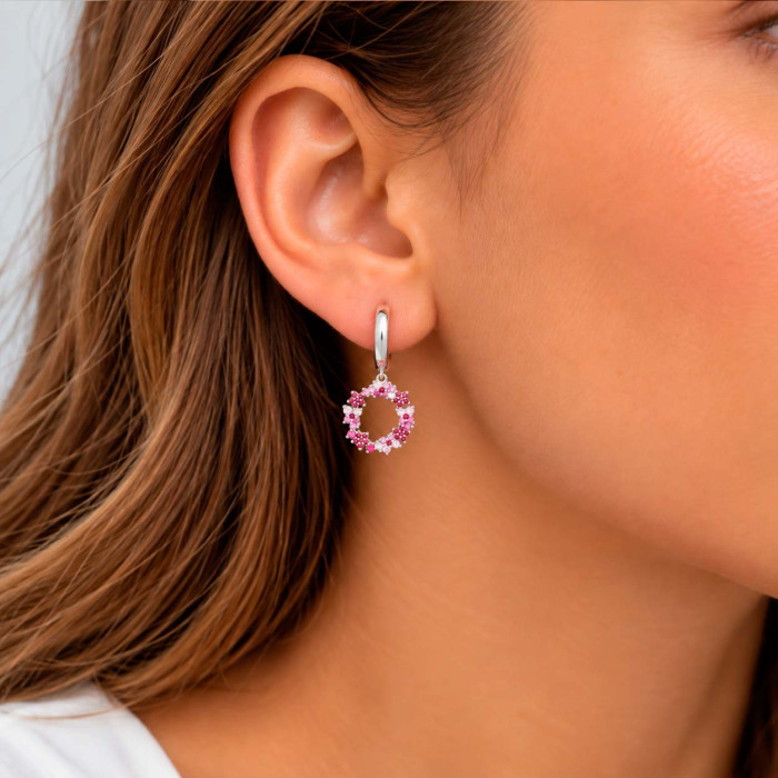 PENDIENTES LARGOS EN PLATA CON CIRCONITAS ROSAS Y ROJAS REDONDO CALADO 2
