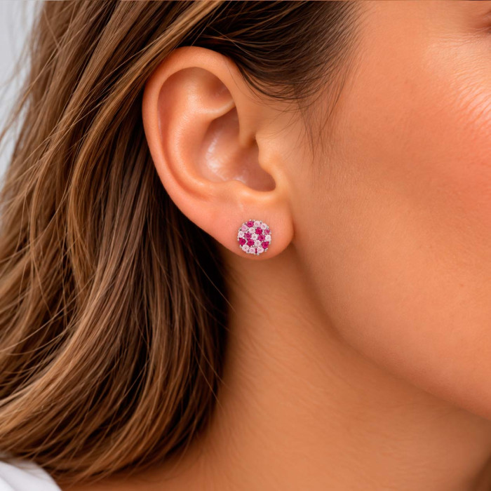 PENDIENTES EN PLATA CON CIRCONITAS ROSAS Y ROJAS FORMA ROSETA REDONDA 2