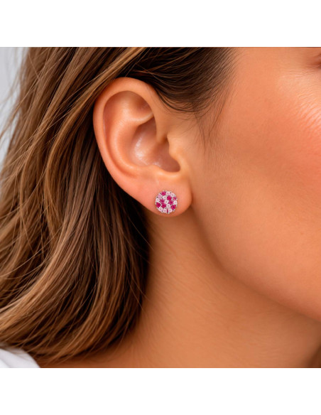 PENDIENTES EN PLATA CON CIRCONITAS ROSAS Y ROJAS FORMA ROSETA REDONDA