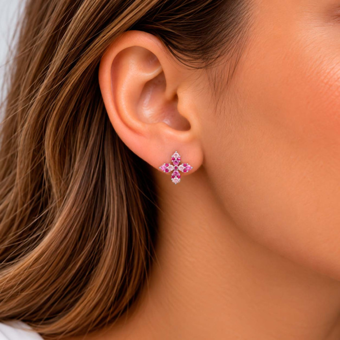PENDIENTES EN PLATA CON CIRCONITAS ROSAS Y ROJAS FORMA CRUZ 2