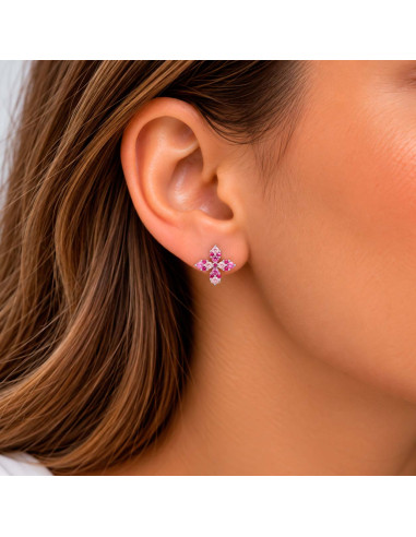 PENDIENTES EN PLATA CON CIRCONITAS ROSAS Y ROJAS FORMA CRUZ