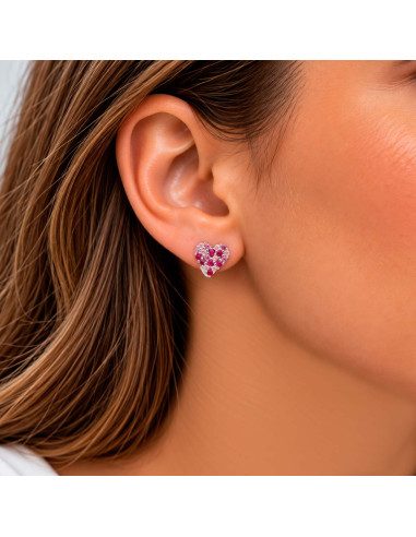 PENDIENTES EN PLATA CON CIRCONITAS ROSAS Y ROJAS FORMA CORAZÓN