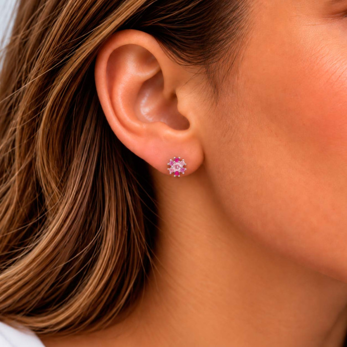 PENDIENTES EN PLATA CON CIRCONITAS ROSAS Y ROJAS FORMA ROSETA PEQUEÑA 2