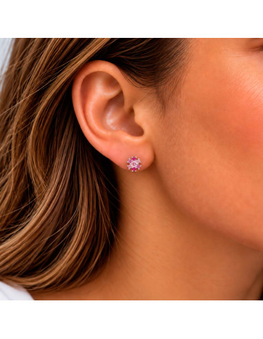 PENDIENTES EN PLATA CON CIRCONITAS ROSAS Y ROJAS FORMA ROSETA PEQUEÑA