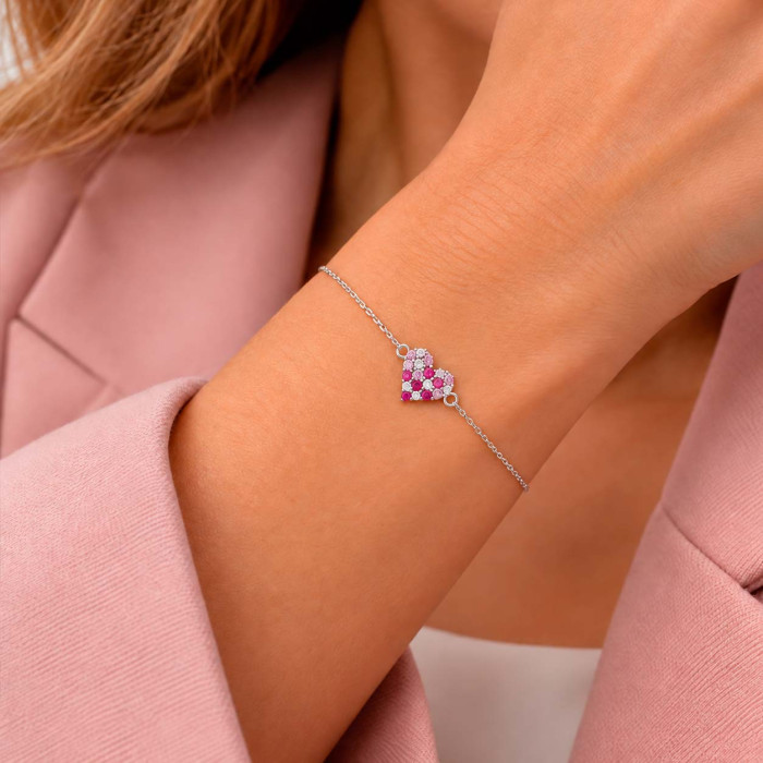 PULSERA EN PLATA CON CIRCONITAS ROJAS Y ROSAS CON FORMA DE CORAZÓN 2
