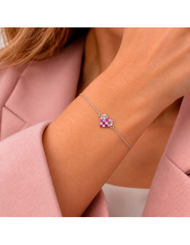 PULSERA EN PLATA CON CIRCONITAS ROJAS Y ROSAS CON FORMA DE CORAZÓN