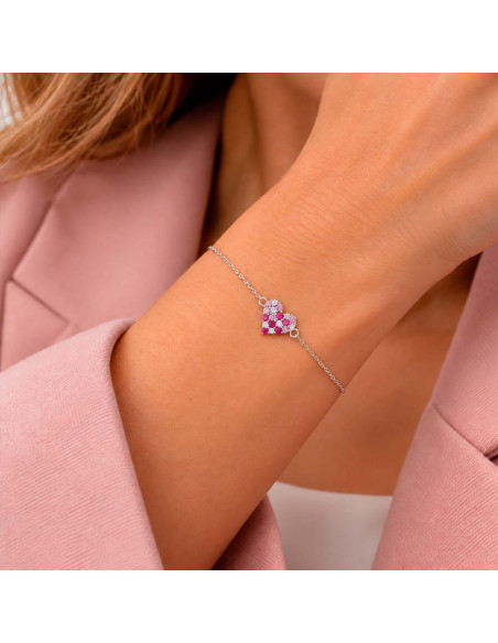 PULSERA EN PLATA CON CIRCONITAS ROJAS Y ROSAS CON FORMA DE CORAZÓN