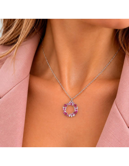 GARGANTILLA EN PLATA CON CIRCONITAS ROSAS Y ROJAS CON COLGANTE REDONDO CALADO
