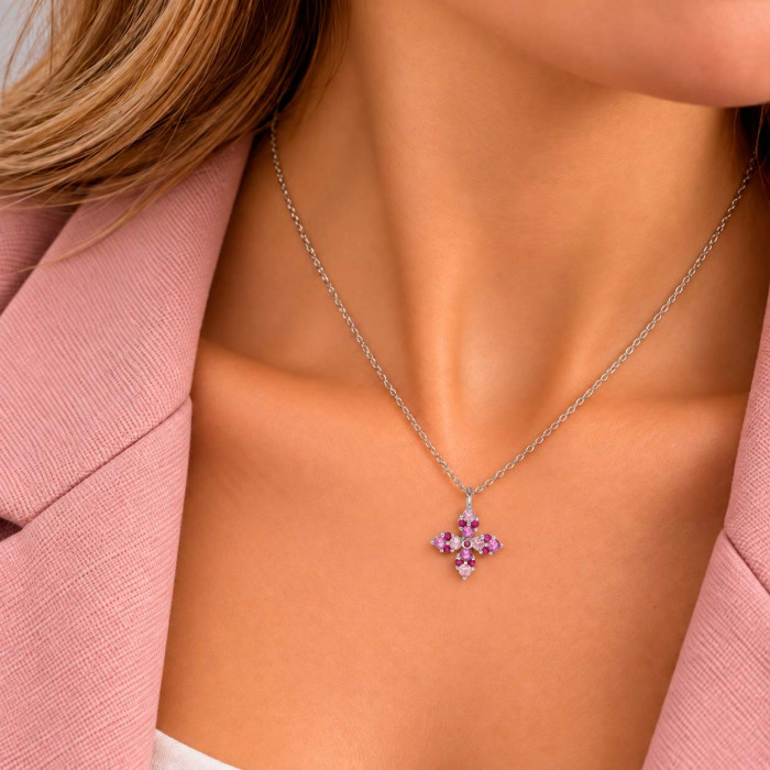 GARGANTILLA EN PLATA CON CIRCONITAS ROSAS Y ROJAS CON COLGANTE FORMA DE CRUZ 2