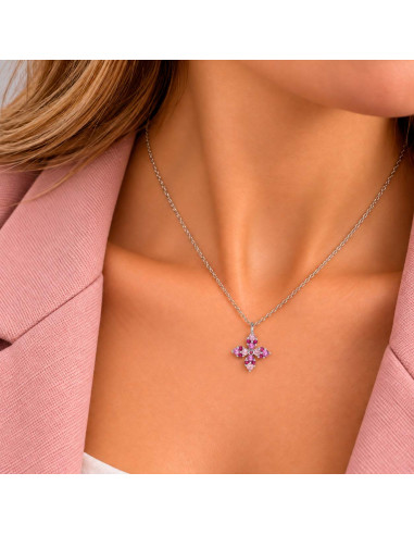 GARGANTILLA EN PLATA CON CIRCONITAS ROSAS Y ROJAS CON COLGANTE FORMA DE CRUZ