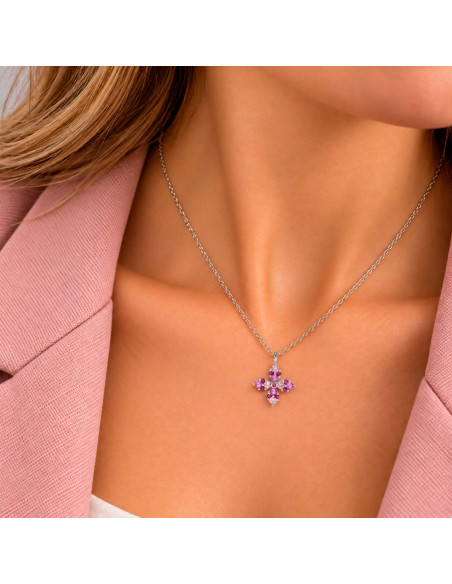 GARGANTILLA EN PLATA CON CIRCONITAS ROSAS Y ROJAS CON COLGANTE FORMA DE CRUZ