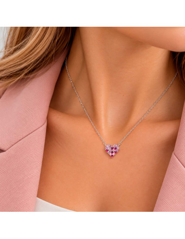 GARGANTILLA EN PLATA CON CIRCONITAS ROSAS Y ROJAS CON COLGANTE FORMA DE CORAZÓN